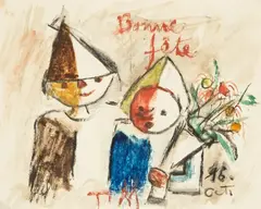 Tadeusz Makowski, Życzenia, ok. 1930 r., 1930, akwarela, kredka, tusz, papier