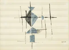 Arika Madeyska, Kompozycja na pięciolinii, 1961 r., 1961, kolaż, tusz, papier