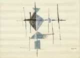 Arika Madeyska, Kompozycja na pięciolinii, 1961 r., 1961, kolaż, tusz, papier