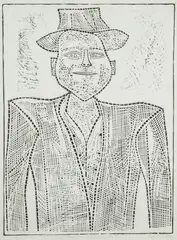 Jerzy Panek, Autoportret w białym kapeluszu II, 1960, 1960, drzeworyt, papier, 68