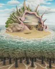 Jacek Yerka, Dwa światy i jeszcze jeden, 1999, 1999, pastel, kredka, papier