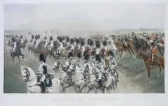 Jan Rosen, Eskorta sztandarów w Tylży, 1903 r., 1903, wg obrazu artysty z roku 1901 fotograwiura barwna, papier