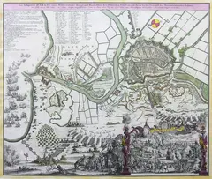 Spadkobiercy Homanna, Das Belagerte Danzig eine Weltberühmte Haupt…, Plan oblężenia Gdańska przez wojska rosyjskie, ok. 1734 r. miedzioryt kolorowany