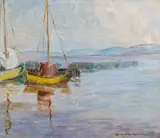 Łódki by Zofia Dziurzyńska-Rosińska, olej, płótno, sold Apr 2021