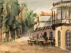 Jerzy Ascher, W parku, akwarela, papier