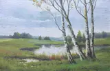 Wiktor Korecki, Pejzaż z brzozami, olej, sklejka