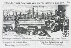 Daniel Meisner, Danzig in Preussen, Widok Gdańska z przedstawieniem emblematycznym, Norymberga 1623 r., stan drugi, 1638 r. miedzioryt