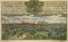 Georg Hisler, Cracau, die haupt Stadt in Pohlen…, Widok Krakowa, pochodzący z „Sächsischer Postillion”, C. F. Völkel, Löbau 1797; u góry portret Ferdynanda III Habsburga miedzioryt kolorowany