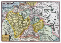 Johann Bussemacher, Poloniae finitimarumque locorum descriptio…, Mapa ziem Rzeczpospolitej, będąca przeróbką mapy Wacława Grodeckiego, stan pierwszy, Kolonia 1592 r. miedzioryt kolorowany, 18