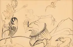 Stanisław Ignacy Witkiewicz, Wyznanie miłości Muleja Chekke księżniczce Feniksanie, 1922 r., 1922, Scena z "Księcia Niezłomnego" dramatu Pedra Calderóna de la Barki w swobodnym przekładzie Juliusza Słowackiego akwarela (czerwień wypłowiała), papier