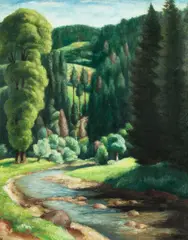 Pejzaż znad Raby - Raba II by Władysław Lam, olej, płótno, sold Feb 2021