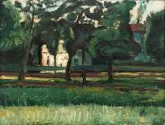 Nathan Grunsweigh, Dom między drzewami, 1922 r., 1922, olej, tektura