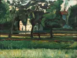 Nathan Grunsweigh, Dom między drzewami, 1922 r., 1922, olej, tektura