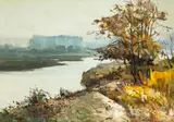 Jesienny pejzaż z rozlewiskiem by Henryk Baranowski, olej, płótno, sold Feb 2021