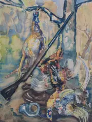 Fryderyk Pautsch, Martwa natura myśliwska, akwarela, tusz, papier