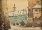 Dorożka na starym mieście by Władysław Chmieliński, akwarela, papier, 13, sold Jan 2021