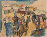 Henri Epstein, Rynek Saint-Jean-Pied-de-Port w Pirenejach, akwarela, papier