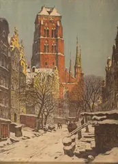 Arthur Bendrat, Widok na Kościół Mariacki, 1906 r., 1906, grafika, papier