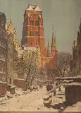 Arthur Bendrat, Widok na Kościół Mariacki, 1906 r., 1906, grafika, papier