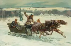 Pędzące sanie by Leszek Piasecki, olej, płótno, sold Dec 2020