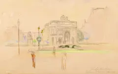 Jan Cybis, Łuk Triumfalny na Place du Carrousel w Paryżu, 1947 r., 1947, ołówek, akwarela, papier; 28