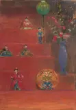 Grzegorz Moryciński, Kwiaty i japońskie figurki, pastel, papier
