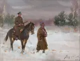 Patrol ułański, 1935 r. by Jerzy Kossak, 1935, olej, płyta malarska, sold Nov 2020