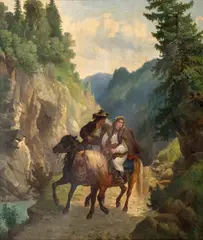 Józef Jaroszyński, Huculi - na przełęczy, olej, płótno