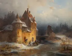 François Stroobant, Zimowy pejzaż z zamkiem, olej, płyta, 31