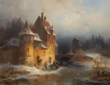 François Stroobant, Zimowy pejzaż z zamkiem, olej, płyta, 31
