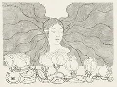 Edward Okuń, O poranku. Rozwiały się twoje włosy…, 1902 r., 1902, cynkografia, ilustracja do poematu Jana Kasprowicza "Miłość", wydanie pierwsze, Lwów, Nakładem Księgarni Polskiej, 1902, 13