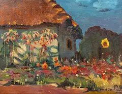 Józef Jarończyk, Pejzaż z chatą i słonecznikiem, 1939 r., 1939, olej, płyta