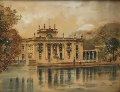 Łazienki Królewskie - Pałac na Wodzie by Marian Puchalski, akwarela, papier, sold Oct 2020