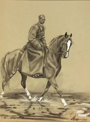 Ludwik Maciąg, Autoportet w mundurze na koniu, 1944 r., 1944, ołówek, gwasz, papier, 37
