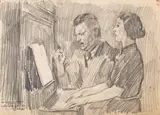 Józef Mehoffer, Duet przy pianinie, 1941 r., 1941, ołówek, papier