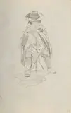 Stanisław Batowski-Kaczor, Siedzący na stołku chłopiec okryty peleryną z kapeluszem na głowie, ołówek; papier, 16