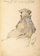 Tadeusz Rybkowski, Roman Konopka przyjaciel Kolberga, 1880 r. (?), ołówek, kredka, papier naklejony na kartkę ze szkicownika: 18
