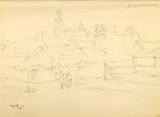 Józef Pieniążek, Panorama z kościołem, 1949 r., 1949, ołówek, papier, 11