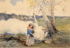 Józef Rapacki, Przy ognisku, 1901 r., 1901, akwarela, papier, 44