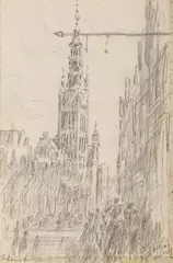 Gdańsk. Widok ratusza, 1968 r. by Stefan Szmaj, 1968, ołówek, papier, sold Oct 2020