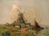 Rudolf Priebe, Łodzie z wiatrakiem, olej, płótno