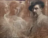 Franciszek Żmurko, Artysta i muzy, olej, biała kredka, płótno
