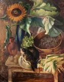 Fryderyk Pautsch, Martwa natura (słoneczniki – girasole, martwa natura, słoneczniki i karpie), 1932 r., 1932, olej, płótno, 125