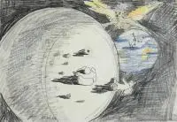 Jacek Żuławski, Lądowanie na Księżycu, 1969 r., 1969, ołówek, kredka, papier, 20