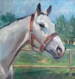 Głowa konia, 1947 r. by Jerzy Kossak, 1947, olej, sklejka, sold Jun 2020