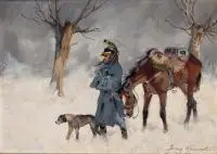 Jerzy Kossak, Zimowy odwrót spod Moskwy (Kirasjer w trakcie odwrotu spod Moskwy), olej, sklejka, 31