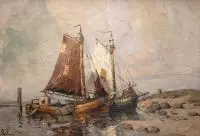 Łodzie by Rudolf Priebe, olej, płótno, naklejone na sklejkę, sold Jun 2020