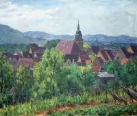 Carl Schmauk, Pejzaż miasteczka, 1942 r., 1942, olej, płótno