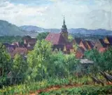 Carl Schmauk, Pejzaż miasteczka, 1942 r., 1942, olej, płótno