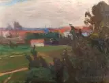 Stanisław Żarnecki, Pejzaż z zabudowaniami, 1919 r., 1919, olej, tektura